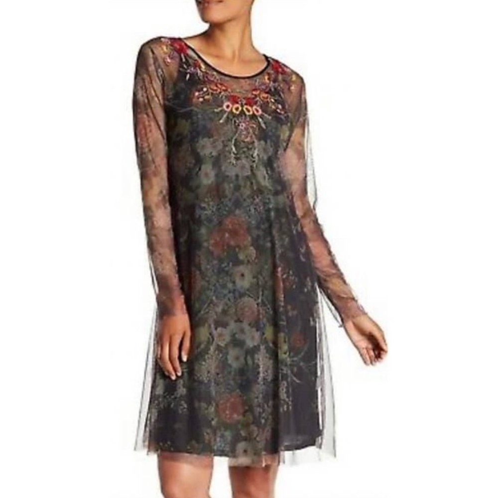 Johnny Was Biya Floral Embroidered Black Mesh Dress with Slip - XS